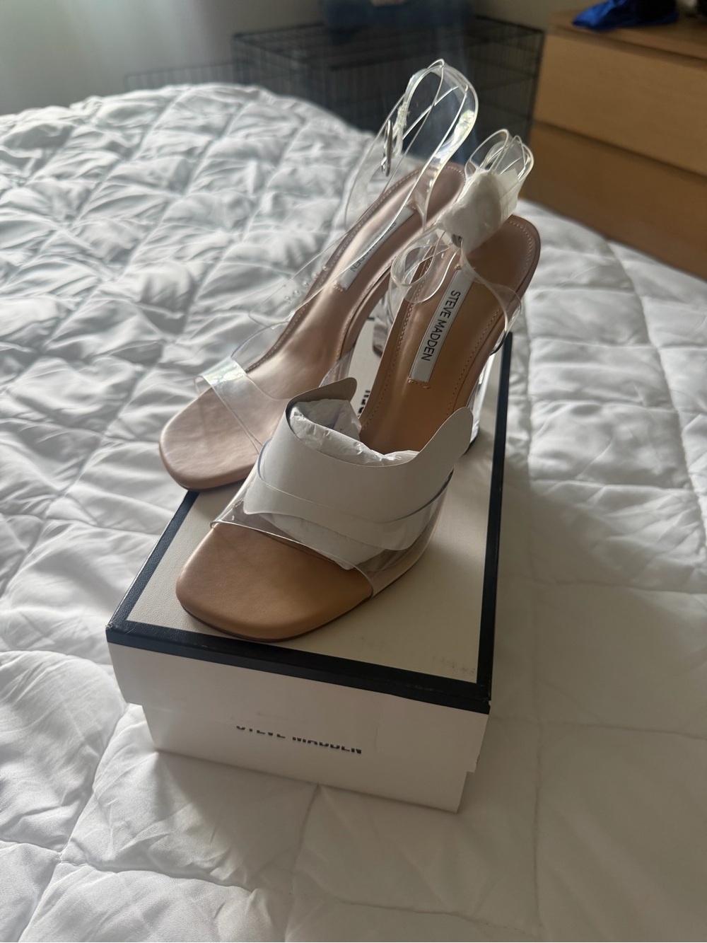 Steve Madden White and Clear Strappy High Heel Sandals